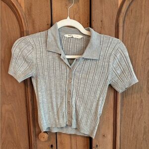 Bluenotes Grey Ribbed Button-Up Polo Short Sleeve Sweater